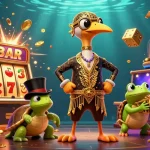 Illustration 3D vibrante d'un meilleur casino en ligne dans un bar, avec des personnages animés et des éléments de jeu.