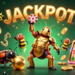 Jeux au casino en ligne sans wager avec un scarabée héros brandissant un jeton de poker en célébration.