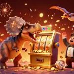 Visualisation dynamique d'un meilleur casino en ligne où un pachycephalosaurus fait exploser une machine à sous dorée, attirant des pièces d'or.