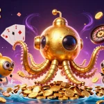 Engagez-vous dans un casino crypto avec une illustration 3D détaillée de sous-marin kraken doré et des éléments de jeu.