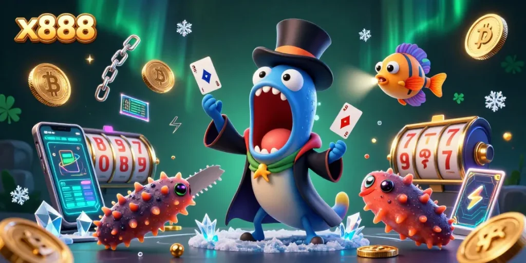 x888's magical deep-sea casino illustration showcases an eel magician and anglerfish spotlighting thrilling card tricks.
