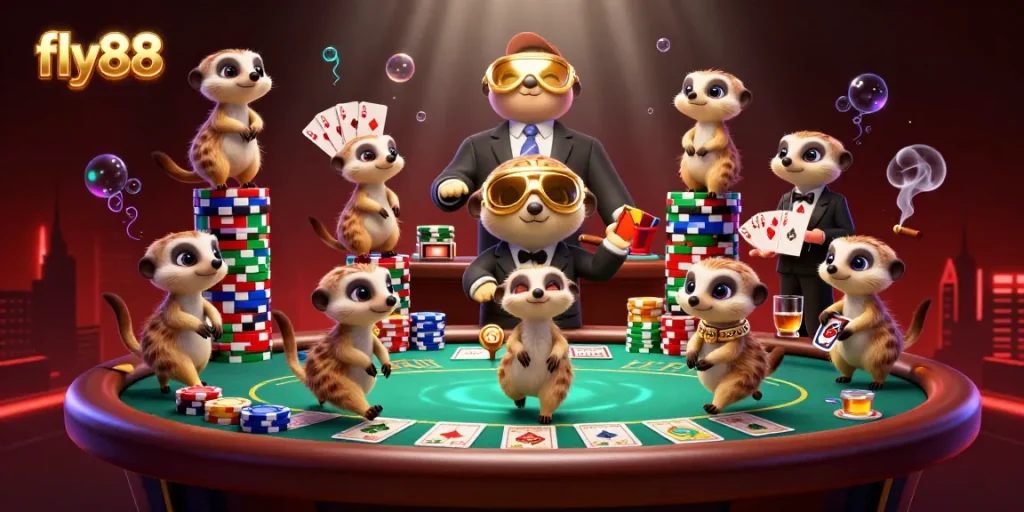 Experience the excitement of fly88 with dynamic meerkat casino operations in a vibrant, detailed scene.