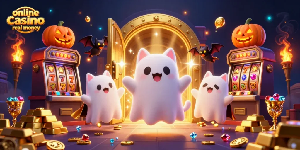 Experience immersive online casino real money gaming with whimsical characters in a haunted mansion.