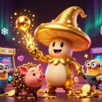 Visualiser le monde magique du casino en ligne sans wager avec un champignon doré et des trésors scintillants.