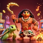 Experience efisiensi layanan digital in a vibrant 3D casino scene featuring a Polynesian demigod and colorful game elements.