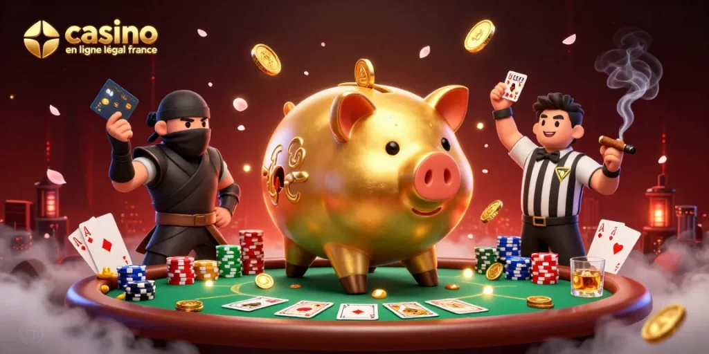 Jouer sur un casino en ligne légal en France avec des personnages colorés et des éléments de poker animés.