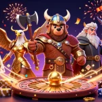 Image d'illustration animée de casino en ligne sans wager avec un ours viking et une aigle valkyrie.