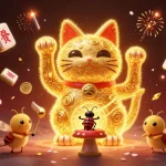 Experience excitement with situs gacor as golden fireflies form a lucky cat amidst vibrant casino elements.