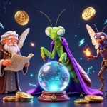 Jouer au casino en ligne sans wager avec des personnages mystiques et des éléments de crypto-monnaie lumineux entourés.