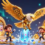 Un jeu de casino en ligne sans wager, illustré par un aigle cybernétique entouré de trésors lumineux.