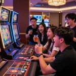 Exciting gambling scene with friends playing 'link slot gacor' at casino.