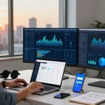Dynamic tech workspace illustrating hostneverdie.com features with servers and analytics.