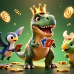 Experience the platform taruhan terbesar asia with T-Rex card shuffling and dinosaur gambling action in a dynamic casino illustration.