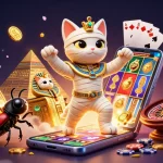 Une illustration 3D colorée représentant un chat momie égyptien dans un casino, offrant une expérience de casino en ligne sans wager.