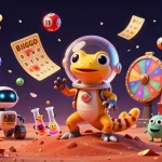 Découvrez un casino en ligne exceptionnel, avec un gecko martien au milieu d'une scène colorée et dynamique.