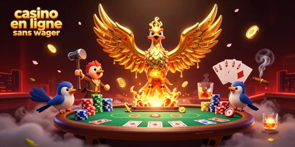 Illustration dynamique de casino en ligne sans wager montrant un phénix doré émergent d'une forge avec des éléments de poker.