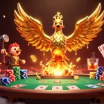Illustration dynamique de casino en ligne sans wager montrant un phénix doré émergent d'une forge avec des éléments de poker.