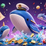 Engage with exciting games at kk55 com while a colorful cartoon whale celebrates among coins and lottery elements.