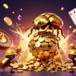 Illustration dynamique d'un casino en ligne France légal, mettant en scène des insectes dorés et des symboles de jeu.