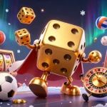 Visuel attractif de top casino en ligne avec un golem de dés dorés et des éléments de jeux d'argent.