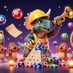 Engage in game nổ hũ with a vibrant casino scene featuring dinosaurs, slots, and lottery elements.