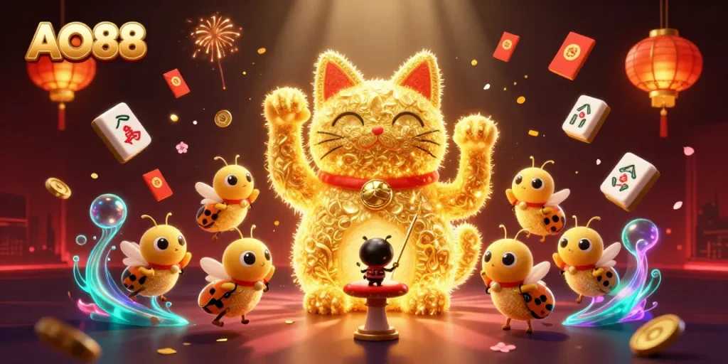 Experience the magic of AO88 with golden fireflies, a lucky cat, and vibrant casino elements.