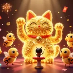 Experience the magic of AO88 with golden fireflies, a lucky cat, and vibrant casino elements.