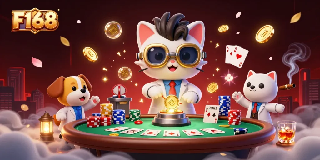 Experience F168's thrilling gambling atmosphere with a mad scientist cat and poker elements.