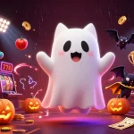 Une scène colorée de casino en ligne sans wager avec un chat fantôme et des lumières brillantes.