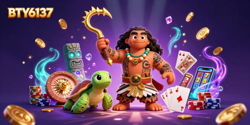 BTY6137 showcases a dynamic casino scene with a demigod hawk and turtle, vibrant gaming elements around.