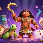 BTY6137 showcases a dynamic casino scene with a demigod hawk and turtle, vibrant gaming elements around.