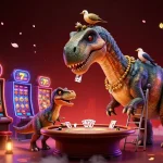 Illustration captivante représentant un nouveau casino en ligne en France, avec des personnages de dinosaures jouant aux machines à sous.