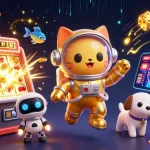Célébrez le jeu dans un casino en ligne sans wager avec des symboles de machines à sous et un chat astronaute.
