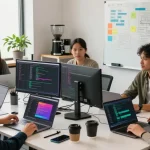 Team collaborating on NAGA2000 software development in a vibrant tech workspace
