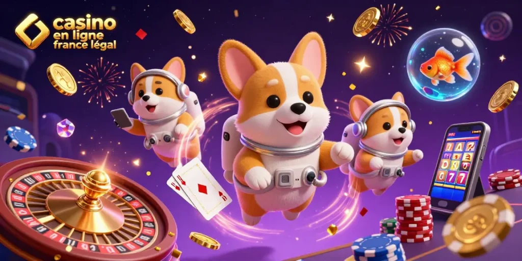 Découvrez une illustration captivante de casino en ligne France légal avec un corgi astronaute flottant.
