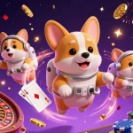 Découvrez une illustration captivante de casino en ligne France légal avec un corgi astronaute flottant.