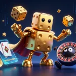 Le casino retrait rapide met en scène un golem de dés dorés dans une illustration numérique dynamique.