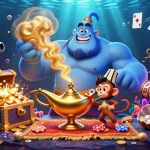 Illustration dynamique représentant le casino en ligne sans wager avec des personnages de conte et des éléments de jeux autour.