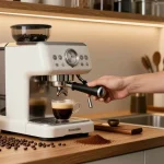 Rokok88 daftar espresso machine creating perfect cafe-quality coffee in stylish home kitchen.