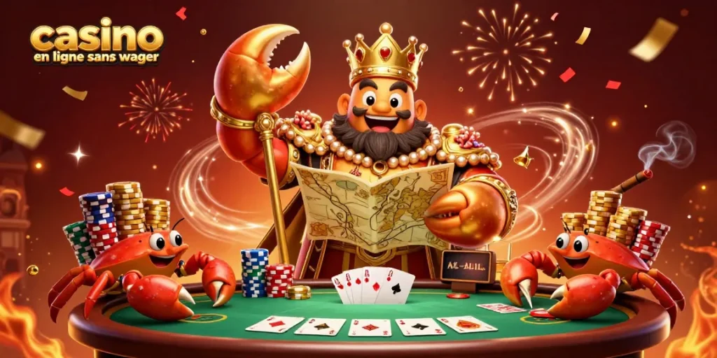 Profitez de l'expérience captivante du casino en ligne sans wager avec un crabe doré portant un sceptre et un plan de trésor.
