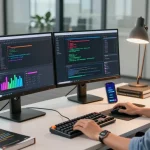 Software developer utilizing rtischeduler software in a modern workspace with dual monitors and coding tools.