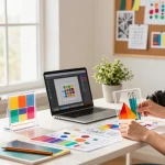 Custom acrylic standee designer arranging vibrant designs in a home office.