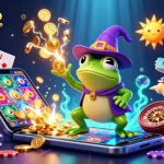 Profitez d'un casino en ligne fiable avec un mage grenouille et un caméléon surfant sur un nuage doré.